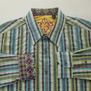Robert Graham Striped Embroidered Button Front Flip Cuff Shirt Mens Large